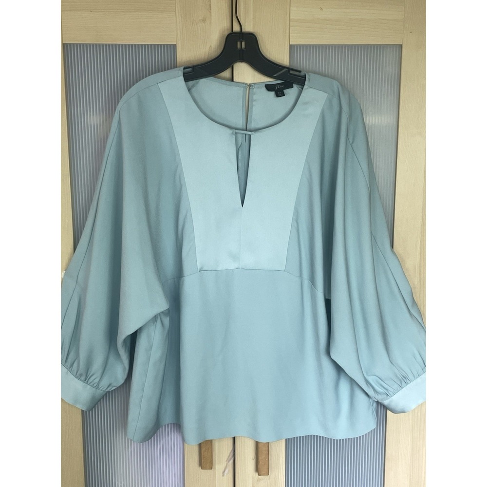 J Crew Womens Keyhole V-Neck Top Blouse Satin Blue Sz‎ XL Career Party Elegant